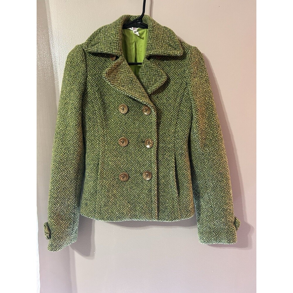 Joie Green Herringbone Tweed Cropped Winter Peacoat Jacket XS Retro Wool Cotton